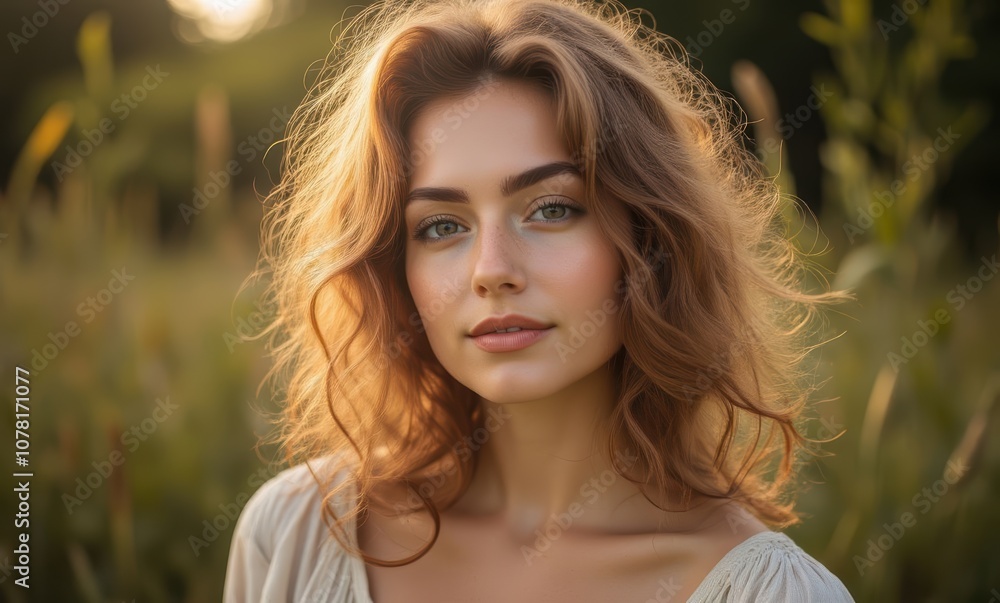 Young woman with wavy hair in nature Young woman with wavy hair in nature