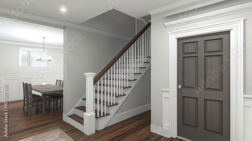 Modern Home Interior with Wooden Stairs and Gray Door