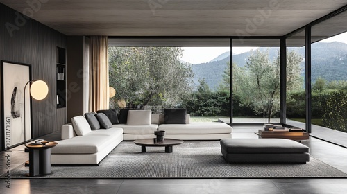 Modern Living Room Interior Design with Grey Sofa  Coffee Table and Rug