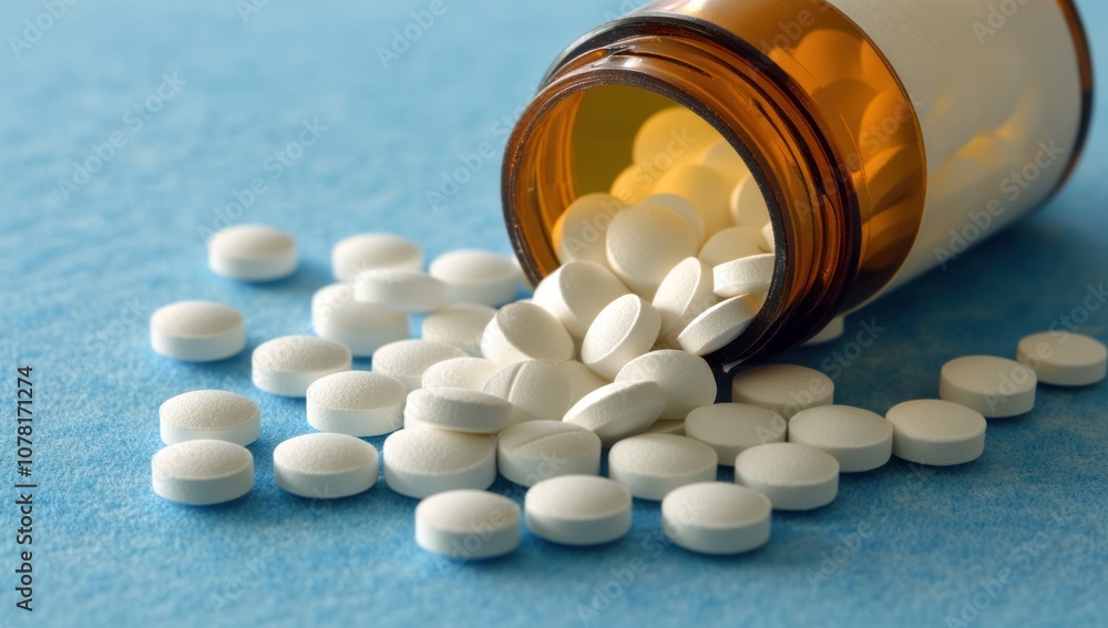 White pills spilling from open medicine bottle isolated on blue background Close-up of white round pills White pills spilling from open medicine bottle isolated on blue background Close-up of white round pills