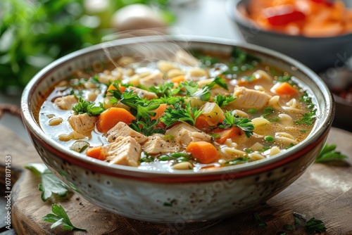 Steaming Bowl of Chicken Noodle Soup with Vegetables and Parsley