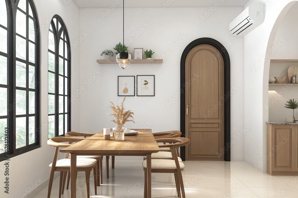 Fototapeta premium Modern Minimalist Dining Room Interior Design with Wooden Table and Chairs