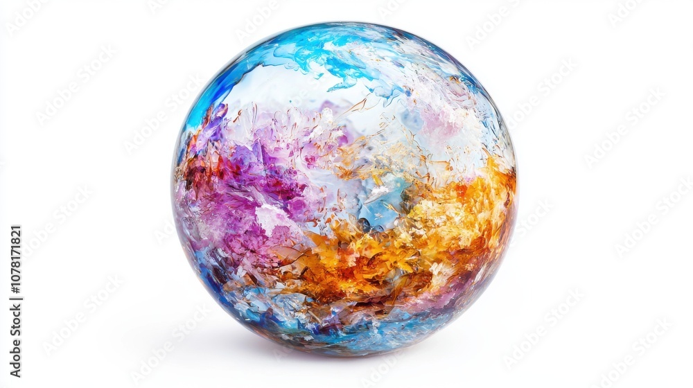 A colorful, abstract glass sphere resembling a planet, showcasing vibrant hues and textures. A colorful, abstract glass sphere resembling a planet, showcasing vibrant hues and textures.