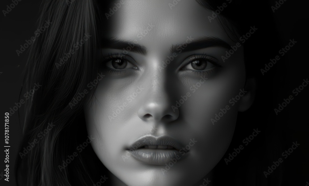 Close-up of a young woman with dark hair. Close-up of a young woman with dark hair.