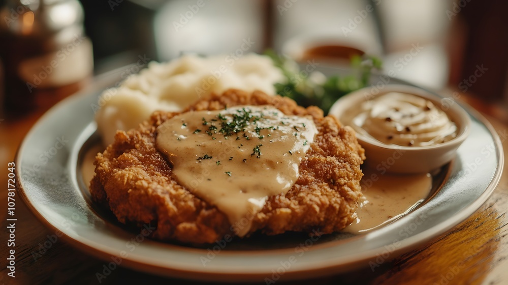 A plate of country fried steak, breaded and fried beef steak served with gravy and mashed potatoes.
A plate of country fried steak, breaded and fried beef steak served with gravy and mashed potatoes.