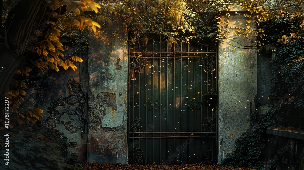 A Rustic Iron Gate Surrounded by Autumn Foliage A Rustic Iron Gate Surrounded by Autumn Foliage