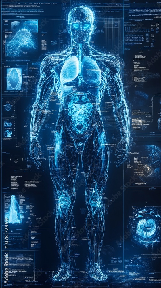 A futuristic body scan that displays a medical emergency while receiving treatment A futuristic body scan that displays a medical emergency while receiving treatment
