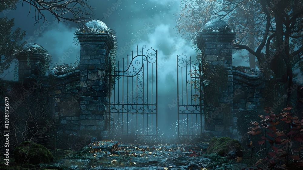 Mystical Stone Gate in a Foggy Forest at Night Mystical Stone Gate in a Foggy Forest at Night