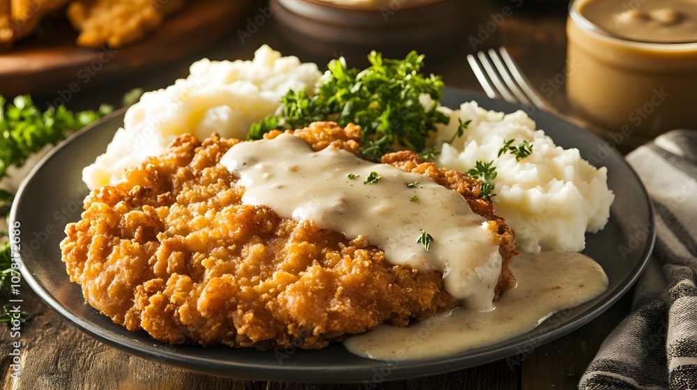 A plate of country fried steak, breaded and fried beef steak served with gravy and mashed potatoes.
A plate of country fried steak, breaded and fried beef steak served with gravy and mashed potatoes.