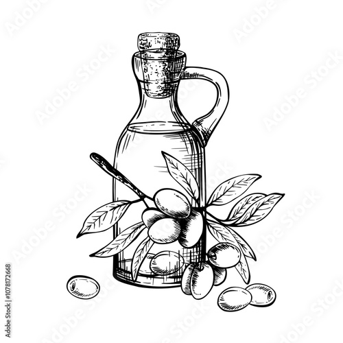 Olive oil in glass bottle with cork and olive tree branch with leaves and berries. Carafe with food sauce. Vector ink line art hand drawn illustration Food label, menu clipart isolated from background
