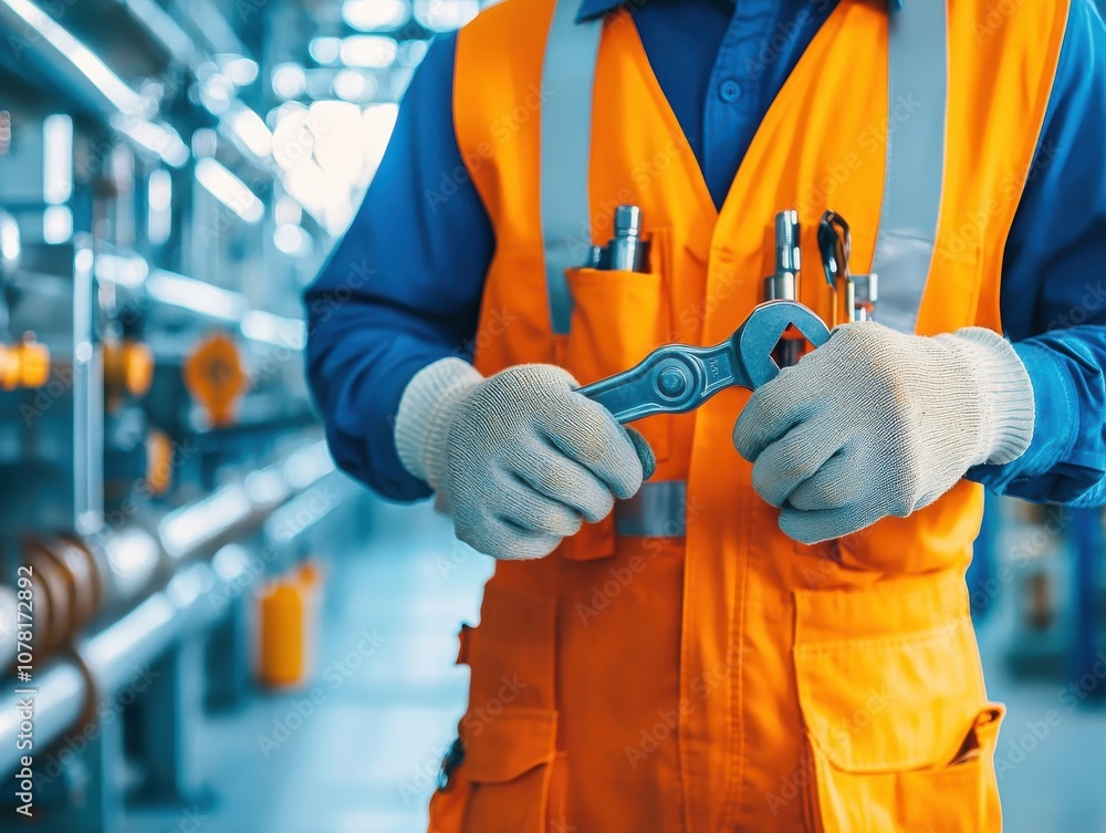 Worker using a wrench on a pipe system Worker using a wrench on a pipe system