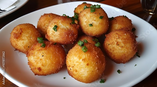 A plate of hush puppies, deep-fried cornmeal dough balls served as a side with fried fish or chicken.


 photo