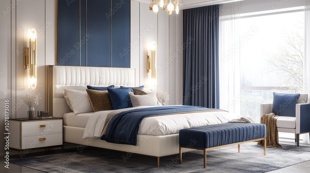 Modern bedroom interior design with white bed, blue headboard, gold accents, and a blue bench. Modern bedroom interior design with white bed, blue headboard, gold accents, and a blue bench.