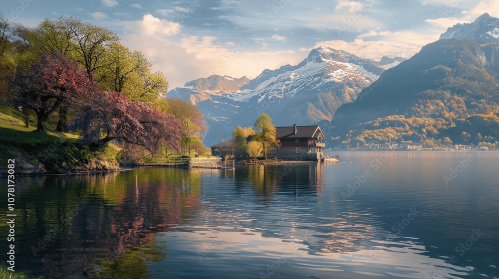 Serene Lake with Mountains and Blooming Trees at Sunset Serene Lake with Mountains and Blooming Trees at Sunset