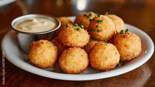 A plate of hush puppies, deep-fried cornmeal dough balls served as a side with fried fish or chicken.


 photo