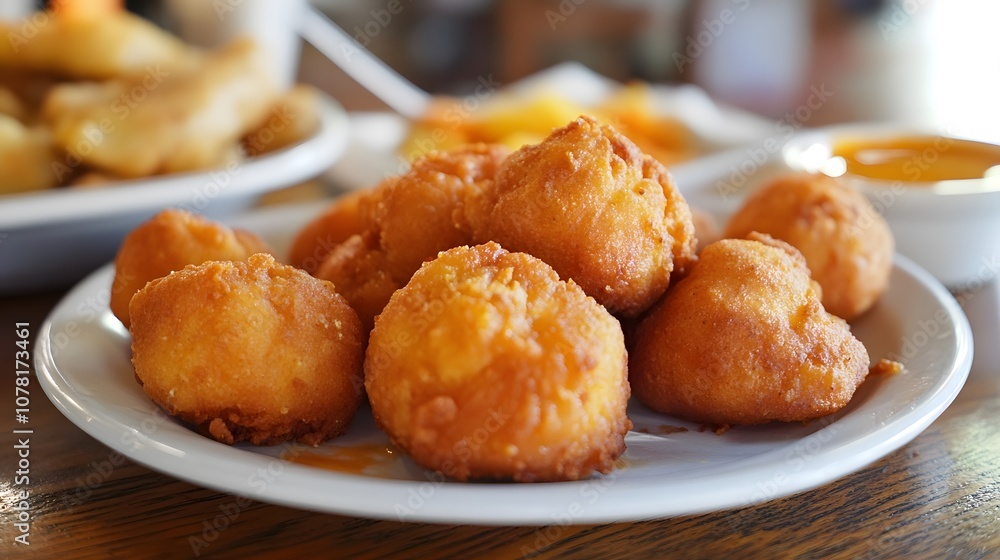 A plate of hush puppies, deep-fried cornmeal dough balls served as a side with fried fish or chicken.
A plate of hush puppies, deep-fried cornmeal dough balls served as a side with fried fish or chicken.