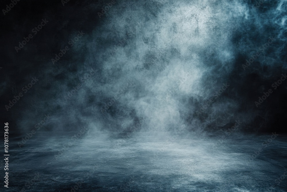 Dark, atmospheric background with smoke and light.