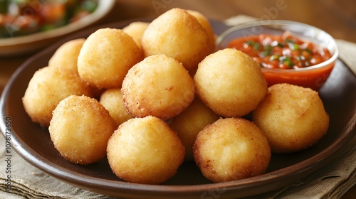 A plate of hush puppies, deep-fried cornmeal dough balls served as a side with fried fish or chicken.


 photo