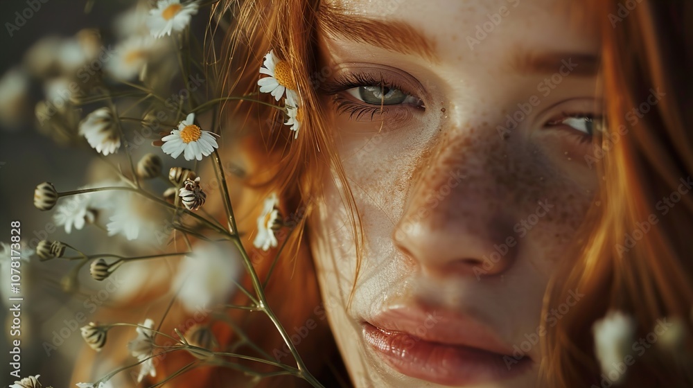 Close-up Portrait of a Woman with Red Hair and Freckles in a Field of Daisies Close-up Portrait of a Woman with Red Hair and Freckles in a Field of Daisies