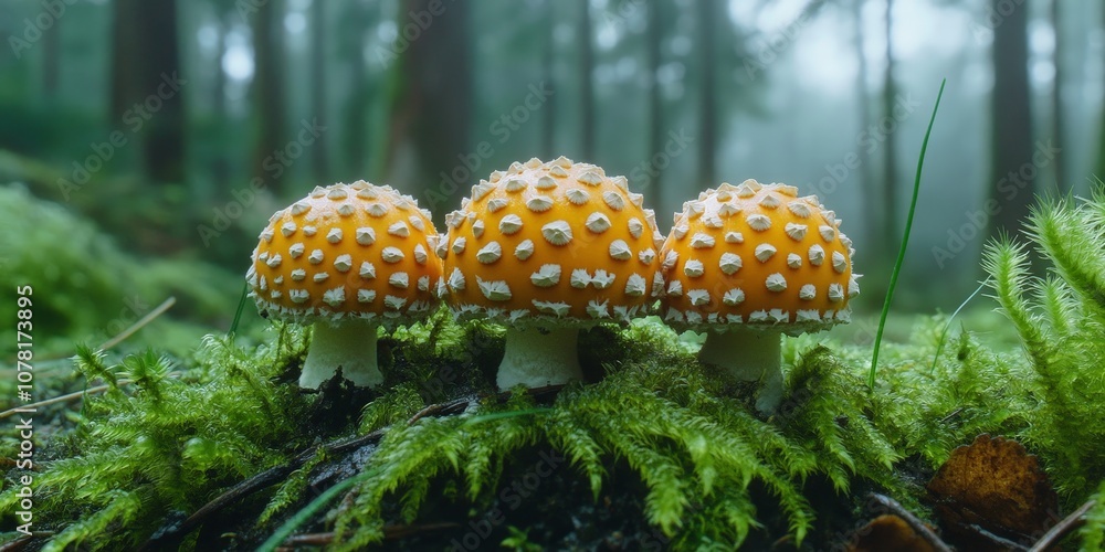 Vibrant orange-capped mushrooms growing in the forest on moss-covered floor Vibrant orange-capped mushrooms growing in the forest on moss-covered floor