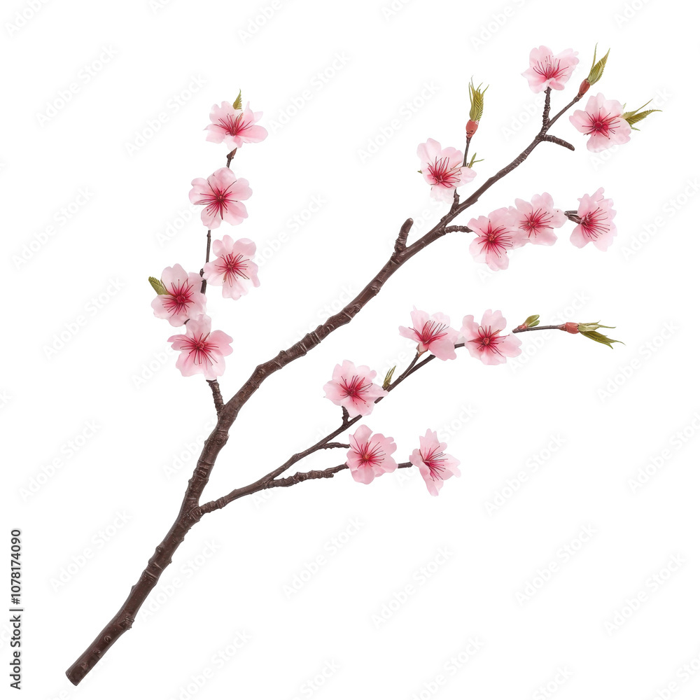 A delicate branch adorned with pink cherry blossom flowers in full bloom. Transparent background. A delicate branch adorned with pink cherry blossom flowers in full bloom. Transparent background.