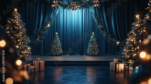 Charming Christmas Scene with Blue Decor and Empty Stage for Holiday Product Showcasing