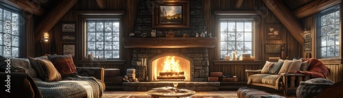 Cozy Rustic Cabin Interior with Warm Fireplace and Comfortable Seating in a Snowy Winter Setting