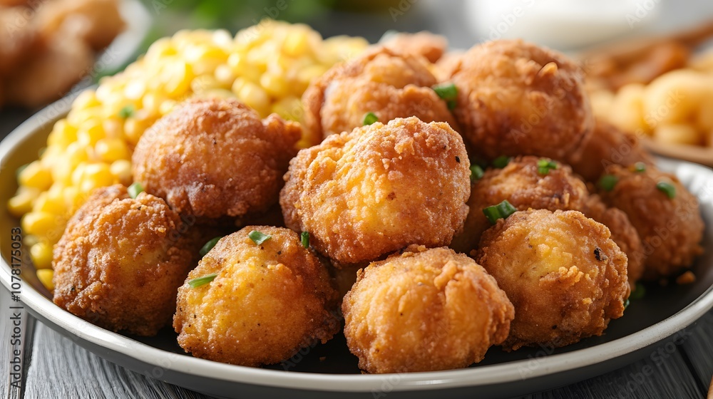 A plate of hush puppies, deep-fried cornmeal dough balls served as a side with fried fish or chicken.
A plate of hush puppies, deep-fried cornmeal dough balls served as a side with fried fish or chicken.