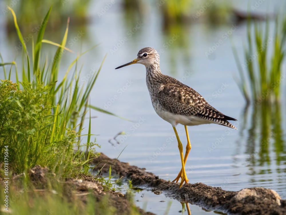 A Greater Yellowlegs stands on the lakeshore, its long legs and striking plumage filling the frame, with a powerful sense of perspective through the rule of thirds. A Greater Yellowlegs stands on the lakeshore, its long legs and striking plumage filling the frame, with a powerful sense of perspective through the rule of thirds.
