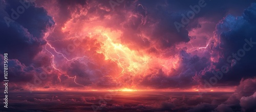 Dramatic Sunset Sky with Vibrant Orange and Purple Clouds Illuminated by Striking Lightning Bolts Over a Vast Horizon