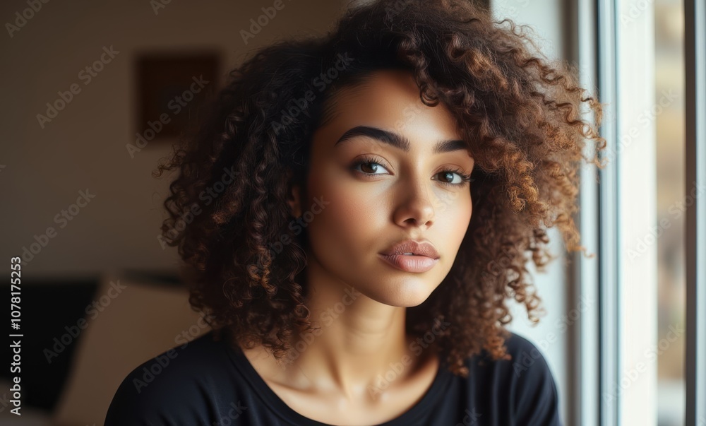 Young woman with curly hair indoors Young woman with curly hair indoors