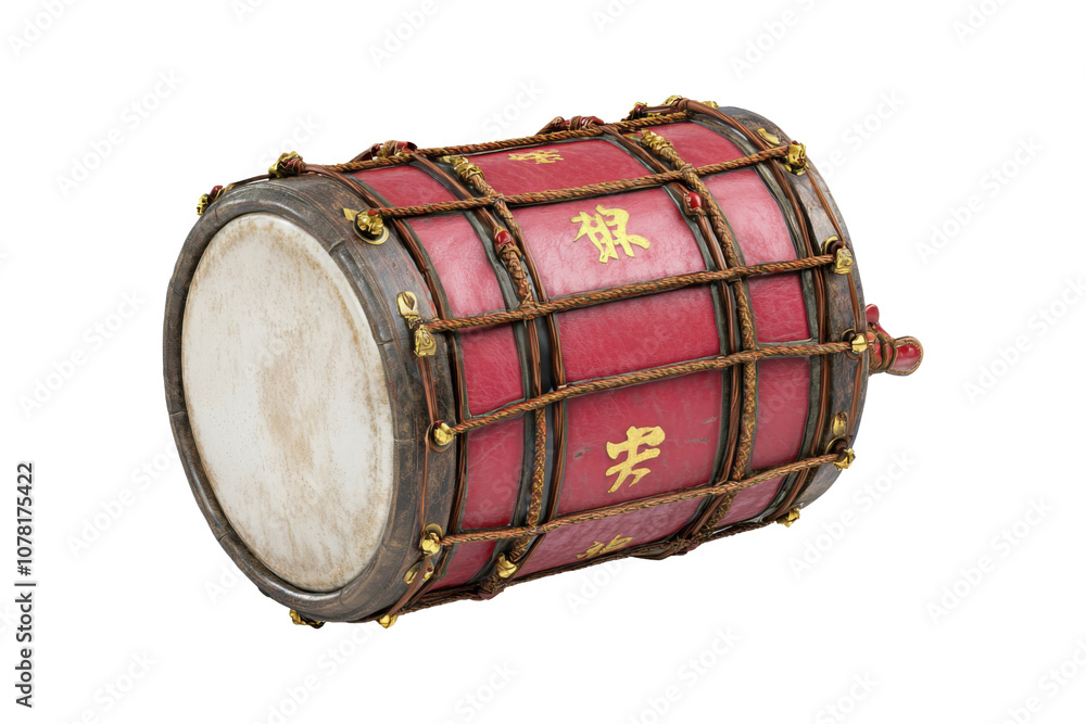 A robust, traditional drum featuring vibrant red exterior, decorative ties, and inscriptions, designed for rhythmic music and cultural performances. Transparent background. A robust, traditional drum featuring vibrant red exterior, decorative ties, and inscriptions, designed for rhythmic music and cultural performances. Transparent background.