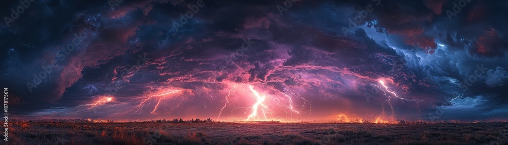 Fototapeta premium Dramatic Panoramic Thunderstorm with Striking Lightning Over Open Field Under Dark, Ominous Clouds at Sunset