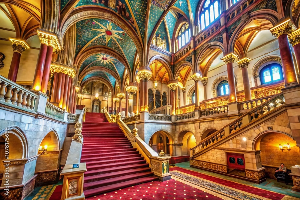 Obraz premium A photorealistic AI depiction of Budapest Parliament's grand stairway, showcasing intricate detail.
