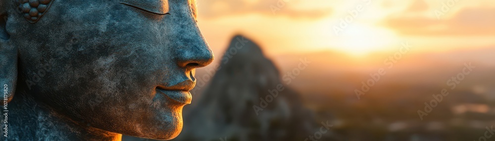 Serene Buddha Statue Silhouette at Sunset with Mountainous Backdrop and Golden Sky Serene Buddha Statue Silhouette at Sunset with Mountainous Backdrop and Golden Sky