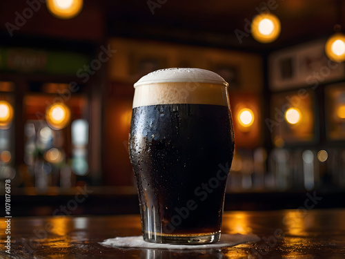 A frosty pint of Irish stout with its rich, dark color and creamy foam, set against a blurred background of a lively Irish pub with warm lighting. photo