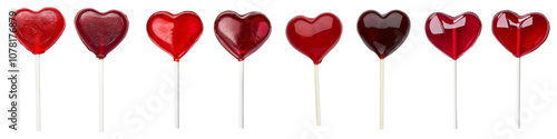 A row of heart-shaped lollipops in various red shades on sticks, showcasing a sweet and festive presentation.