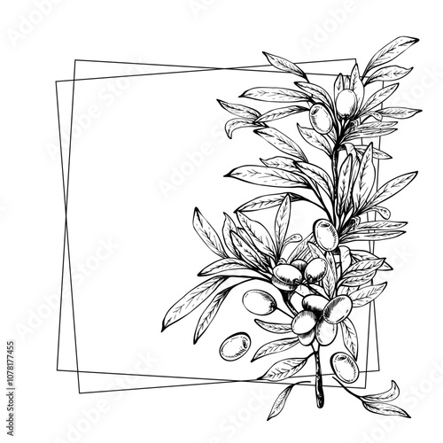 Olive tree branch with leaves and berries fruit square frame. Black and white graphic hand drawn vector illustration. Clipart for food menu, card, label template. Isolated line art from background