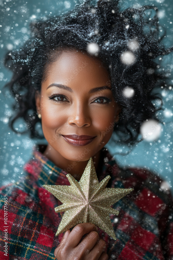 Festive Portrait of African American Middle-Aged Female Wearing Festive Plaid Dress Holding Christmas Gift Festive Portrait of African American Middle-Aged Female Wearing Festive Plaid Dress Holding Christmas Gift