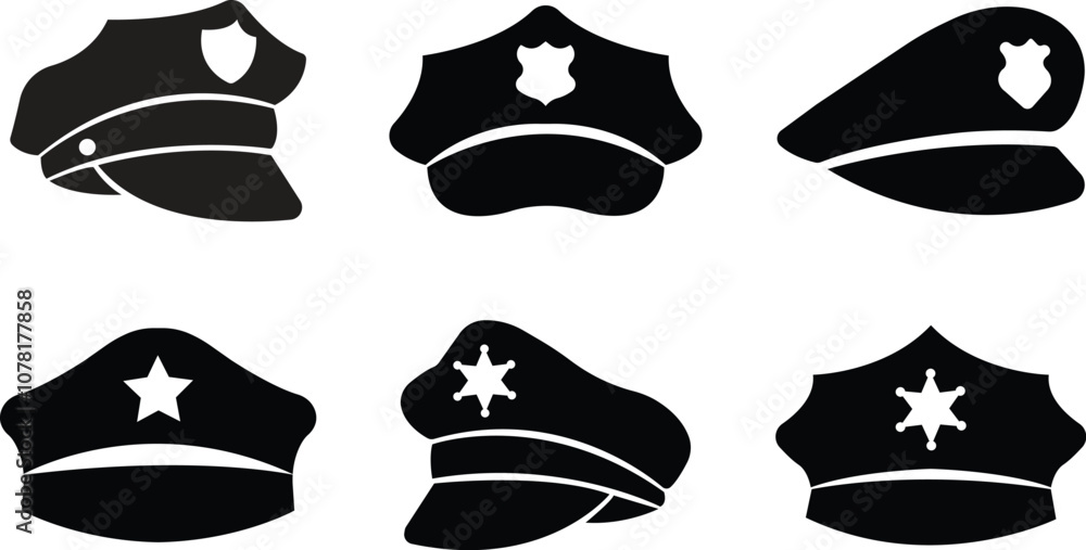 custom made wallpaper toronto digitalBlack police hat flat icons set. Police officer uniform item with badges. Realistic policeman uniform headgear vectors from law and justice for web and mobile apps isolated on transparent background.