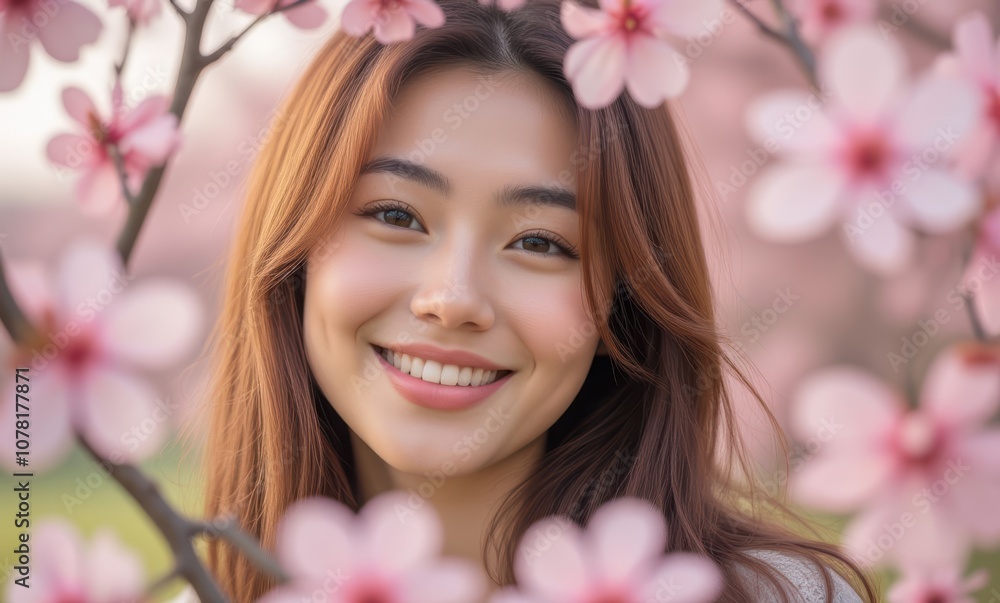 Smiling woman among cherry blossoms Smiling woman among cherry blossoms