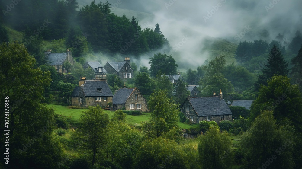 Misty morning over a quaint village nestled amongst rolling green hills and lush vegetation. Misty morning over a quaint village nestled amongst rolling green hills and lush vegetation.