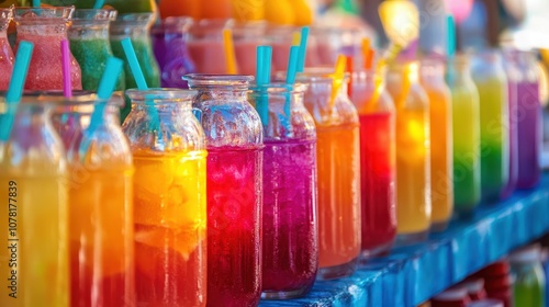 A vibrant aguas frescas stand offers an array of colorful beverages in jars, attracting customers