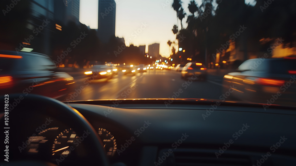 Driving on the expressway at sunset, motion blur Driving on the expressway at sunset, motion blur