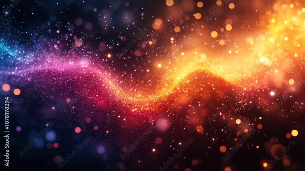 Vibrant Abstract Background with Colorful Bokeh Lights and Dynamic Wave Patterns in a Cosmic Setting