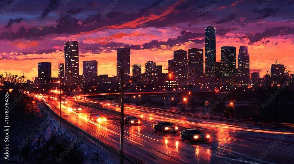 Fototapeta premium Urban skyline with vibrant streetlights and cars zooming below for a cityscape wallpaper