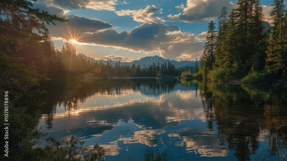 Fototapeta premium Serene Sunset Over Tranquil Forest Lake