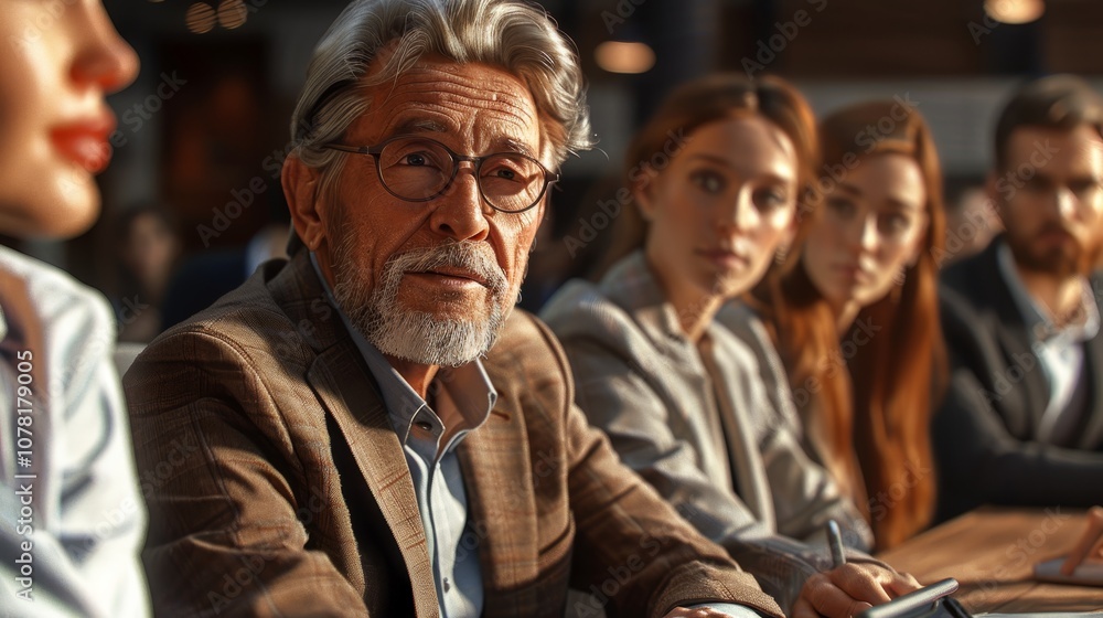 Obraz premium Business people are sitting in a conference room with large windows during a sunset