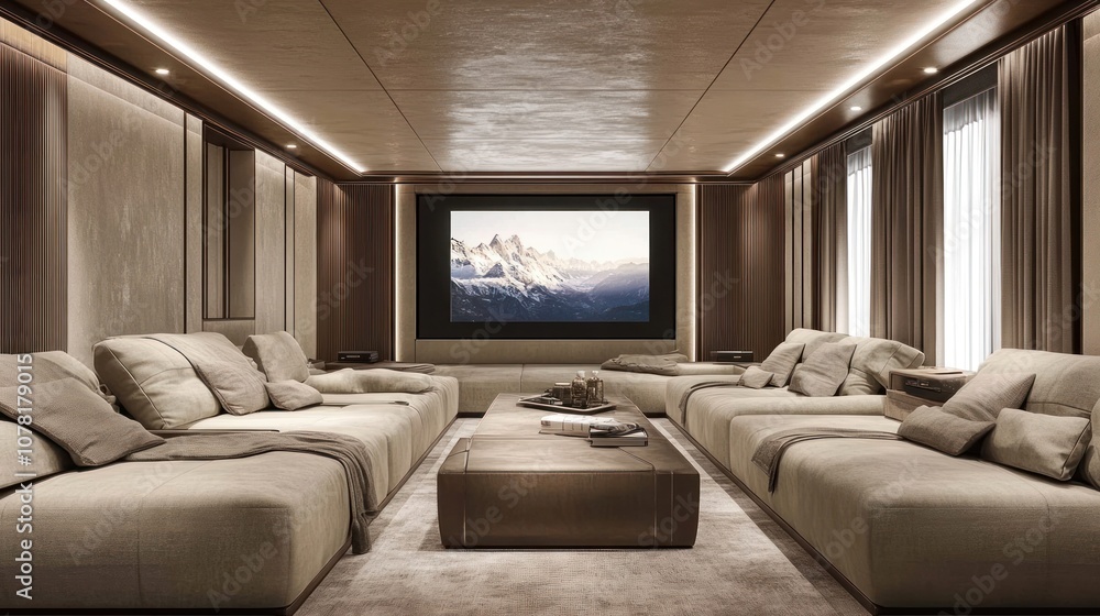 Modern living room with a large screen and cozy seating, designed for relaxation and entertainment. Modern living room with a large screen and cozy seating, designed for relaxation and entertainment.