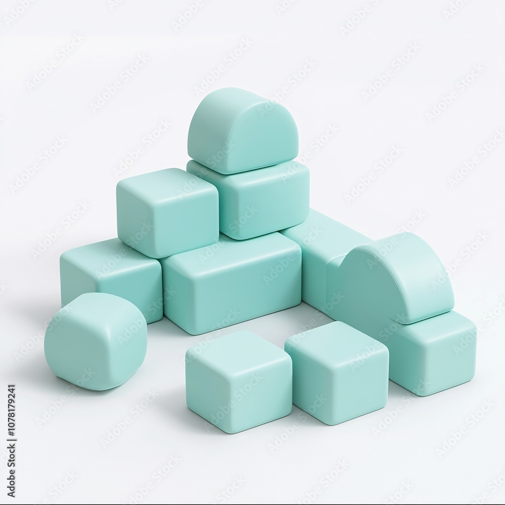 2408_082.A simple Soft play blocks for babies and toddlers, Soft aqua color, white background, 3D Rendering, isometric 2408_082.A simple Soft play blocks for babies and toddlers, Soft aqua color, white background, 3D Rendering, isometric
